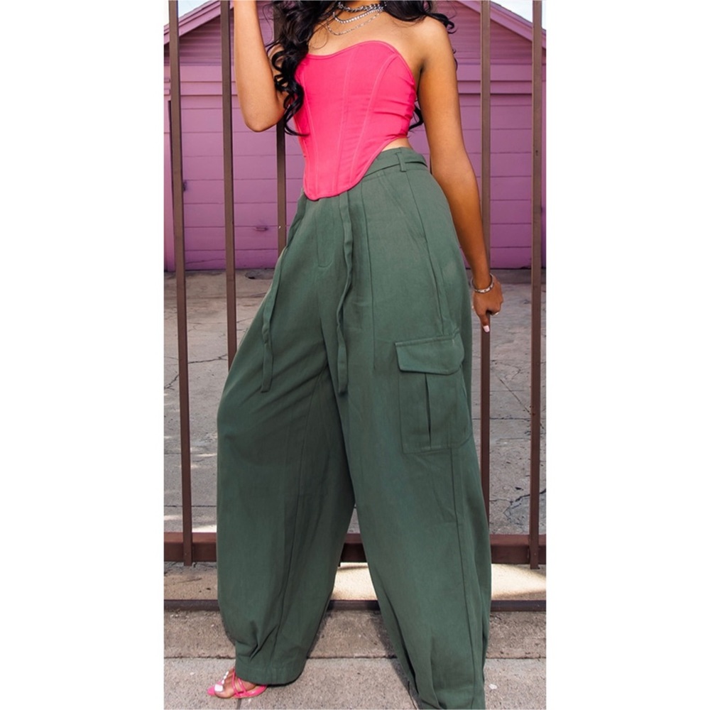 PrettyLittleThing Pink Corset and Green Cargo Pants